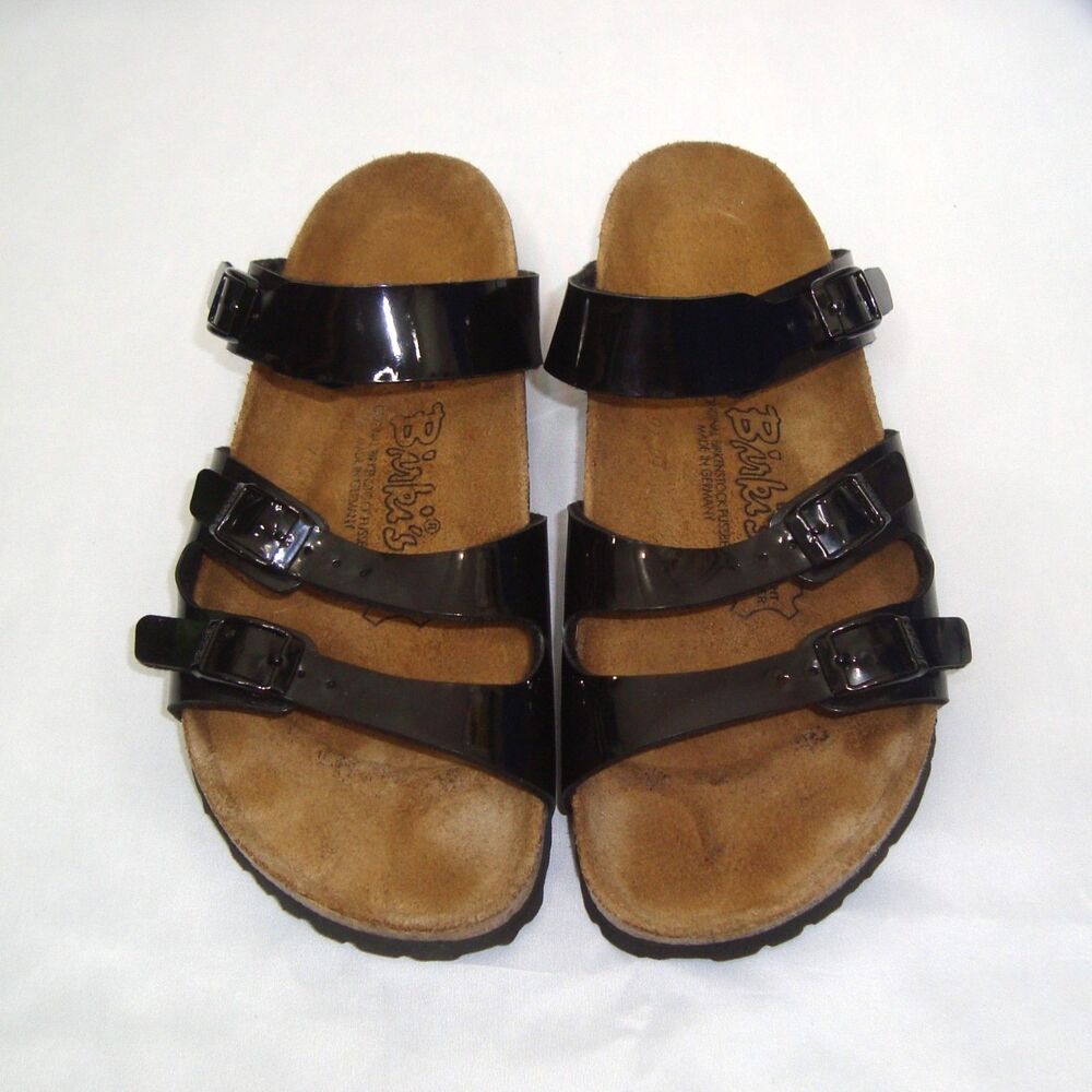 Birki's by Birkenstock Unisex Florida Black Patent Sandals W/7 - M/5 - EU 38.5